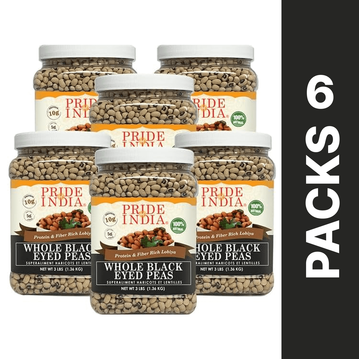 Pride Of India - PACK of 6 - Whole Black Eyed Peas - Lobia, 3 lbs Jar