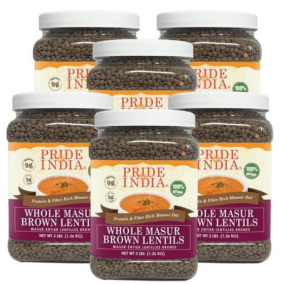 Pride of India Indian Whole Brown Crimson Masur Lentils, 3 lb Jar, Pack of 6