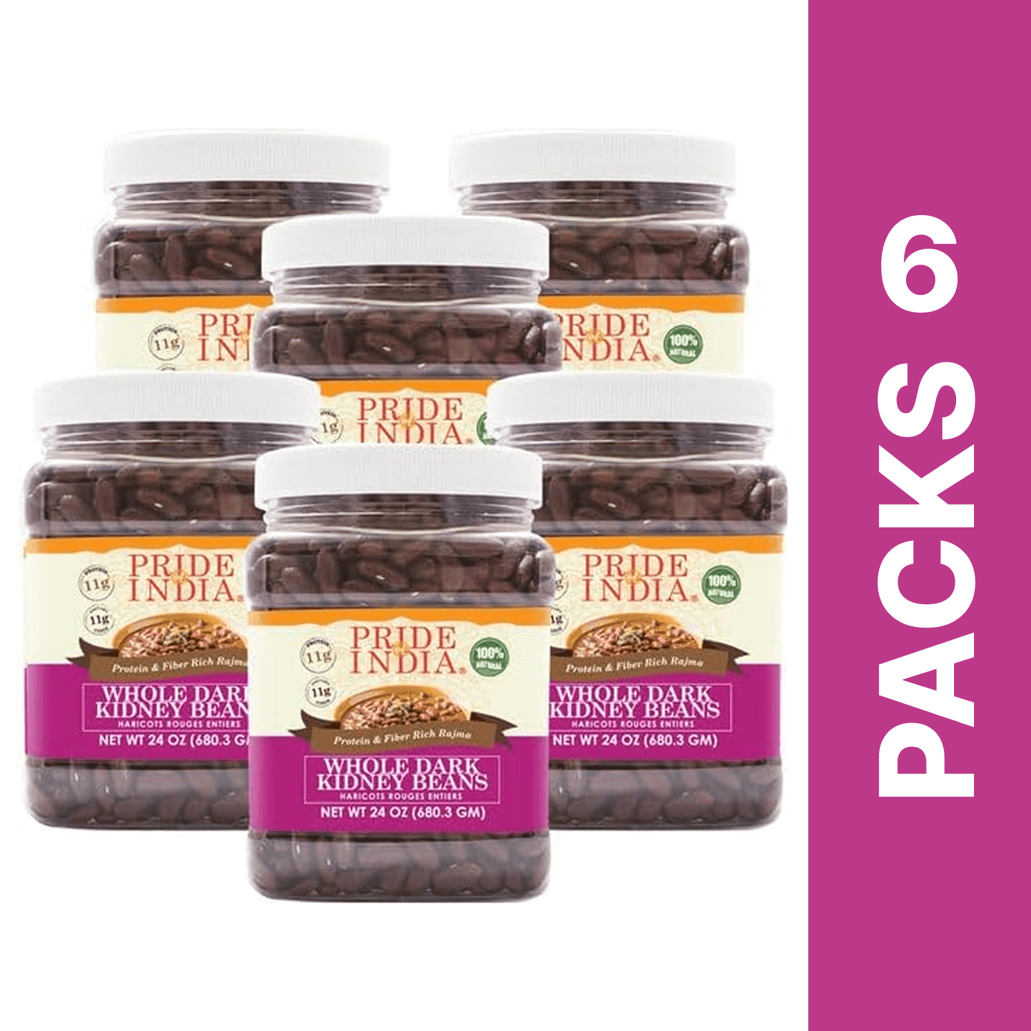 Pride Of India - PACK of 6 - Indian Whole Dark Kidney Beans - Protein And Fiber Rich Rajma, 1.5 Pound Jar