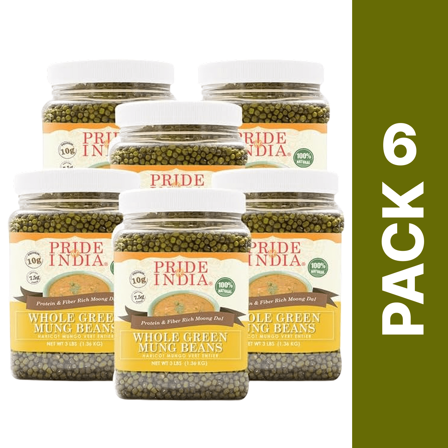 Pride of India - Pack of 6 - Whole Green Mung Beans (Moong), 3 lbs Jar, Plant Based Protein, Natural, Vegan & Gluten-Free