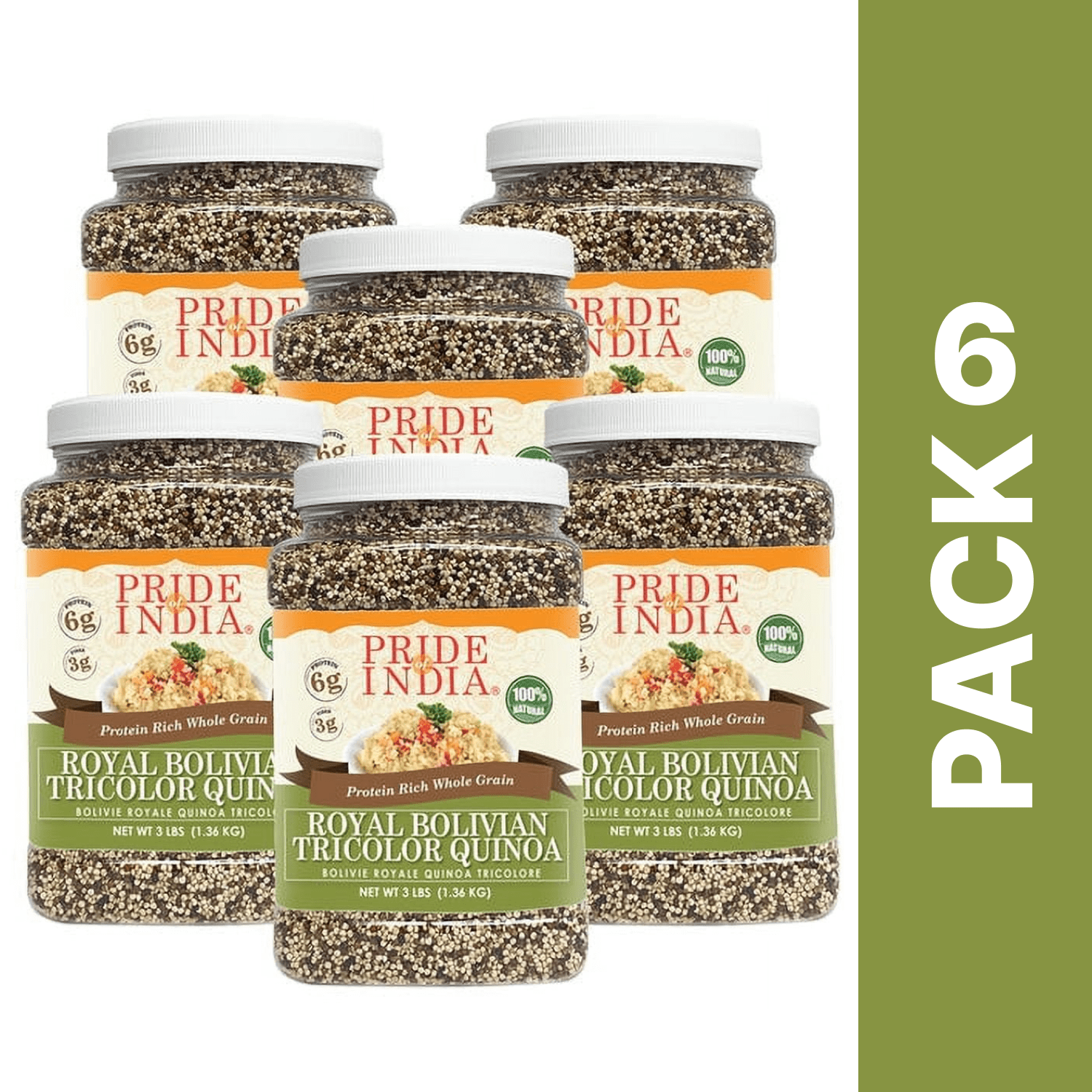 Pride of India - Pack of 6 - Tricolor Quinoa, Royal Bolivian Superfood, 3 lbs Jars, Gluten-Free Whole Grain