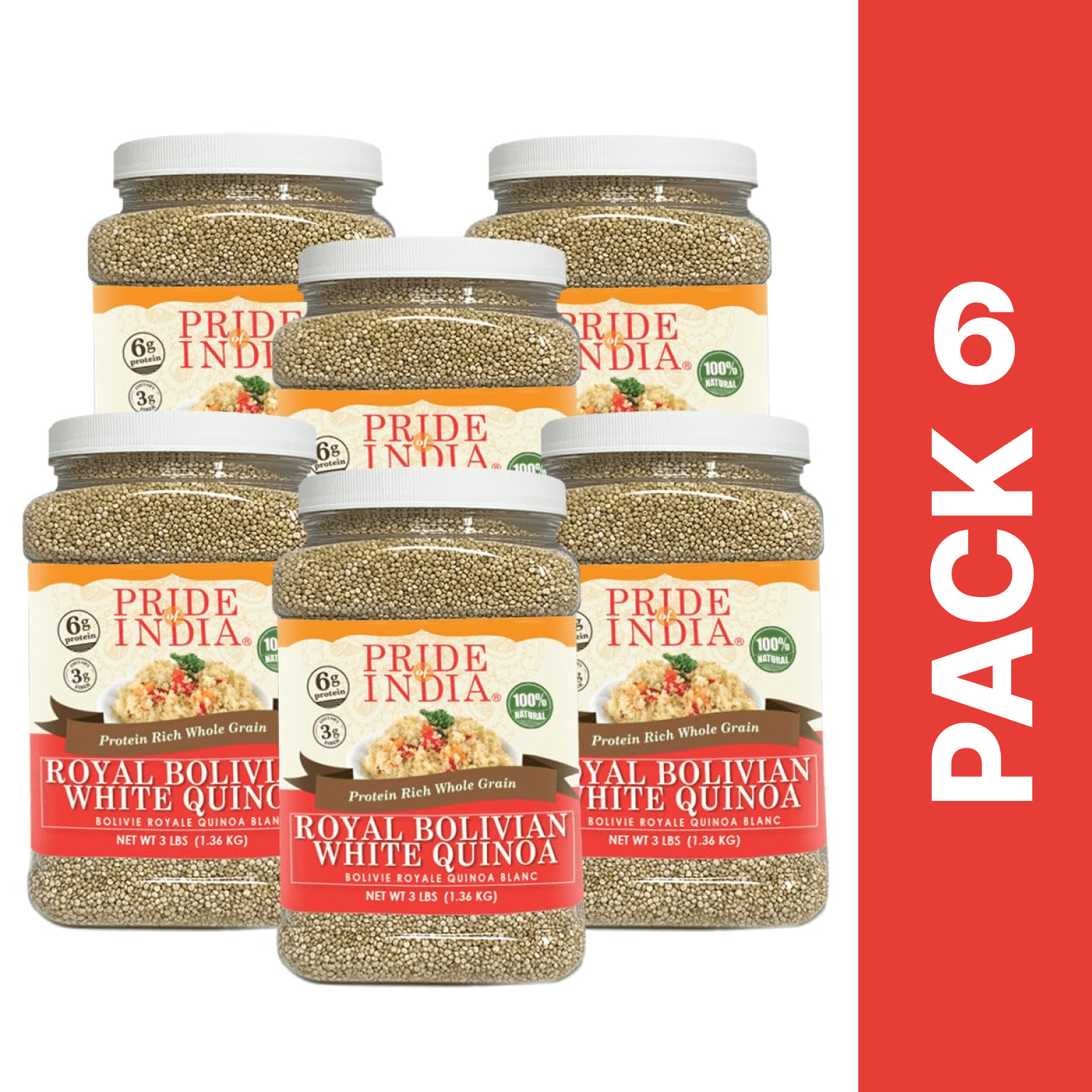 Pride of India - Pack of 6 - Royal Bolivian White Quinoa, 3 lbs Jar, Protein Rich, Gluten-Free Quinoa Wholegrain