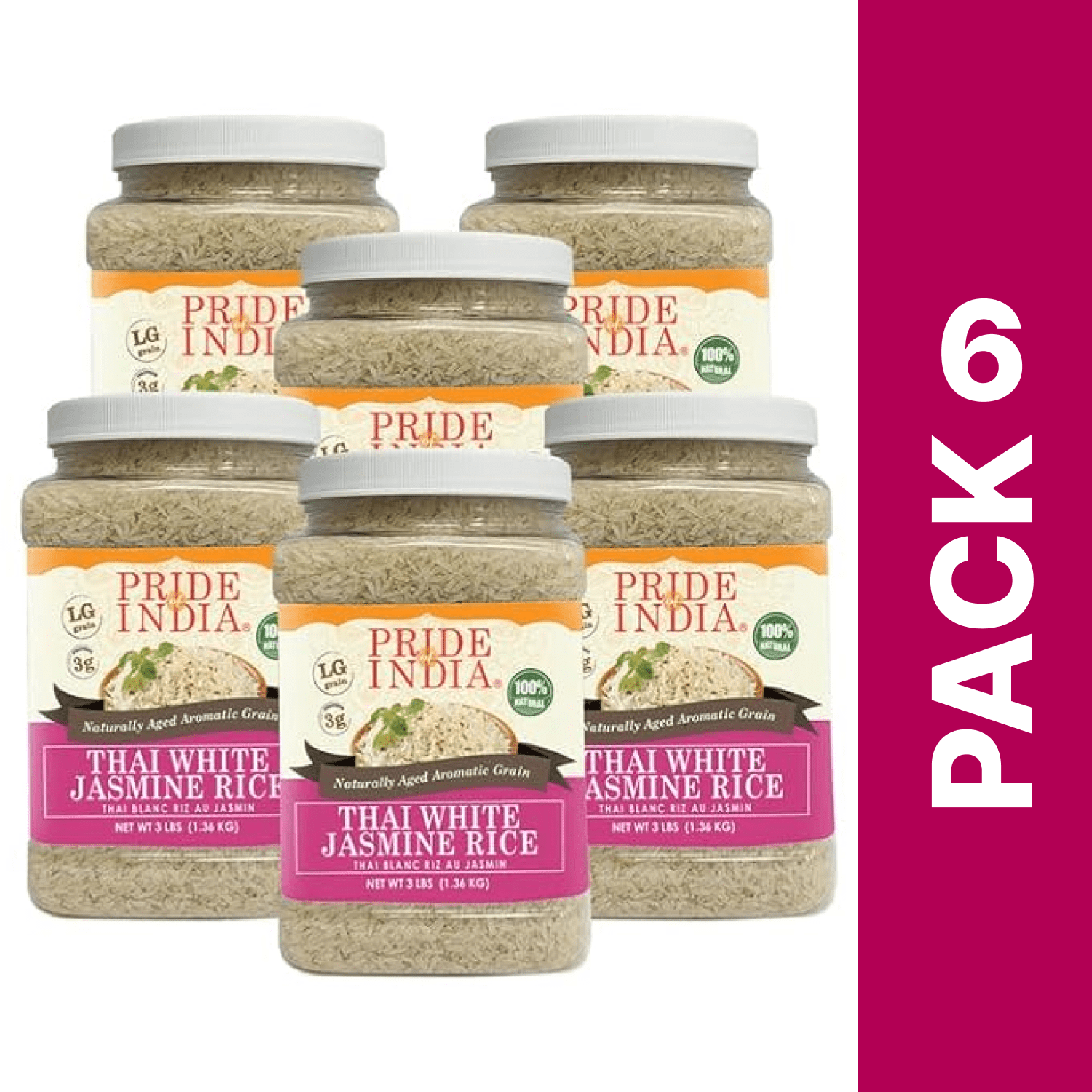 Pride of India - Pack of 6 - Thai Jasmine Rice, 3 lbs Jar, Fragrant Hom Mali Rice, Gluten-Free