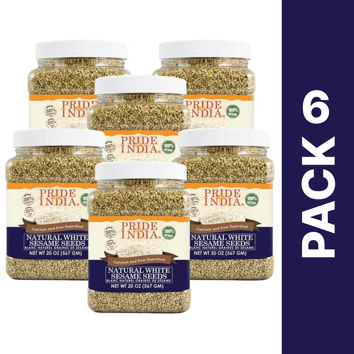Pride of India - Pack of 6 - White Sesame Seeds, Unhulled Whole Seeds, Natural, Gluten Free, 1.25 lbs