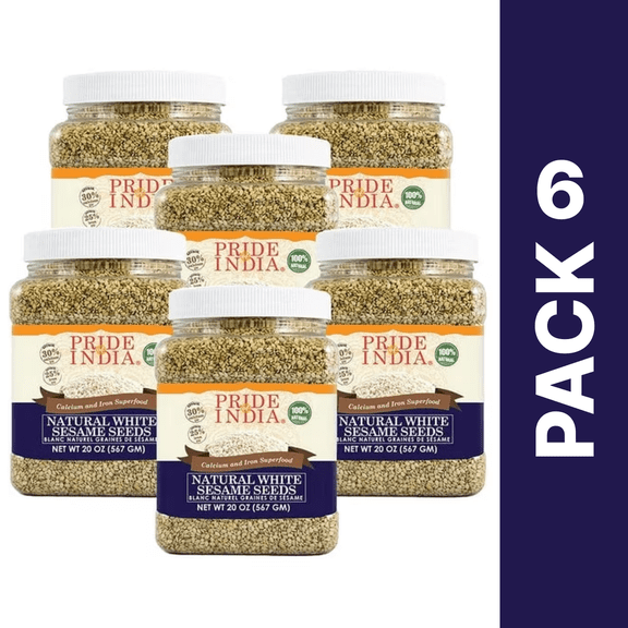 Pride of India - Pack of 6 - White Sesame Seeds, Unhulled Whole Seeds, Natural, Gluten Free, 1.25 lbs
