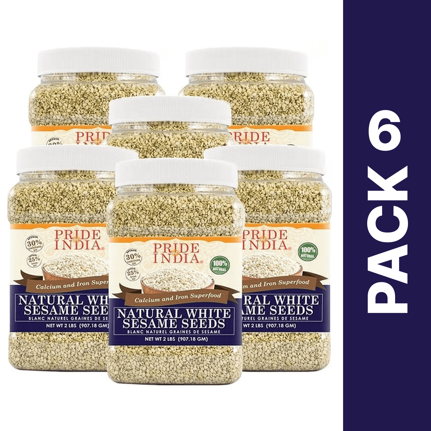 Pride of India - Pack of 6 - White Sesame Seeds, Unhulled Whole Seeds, Natural, Gluten Free, 2 lbs Jars
