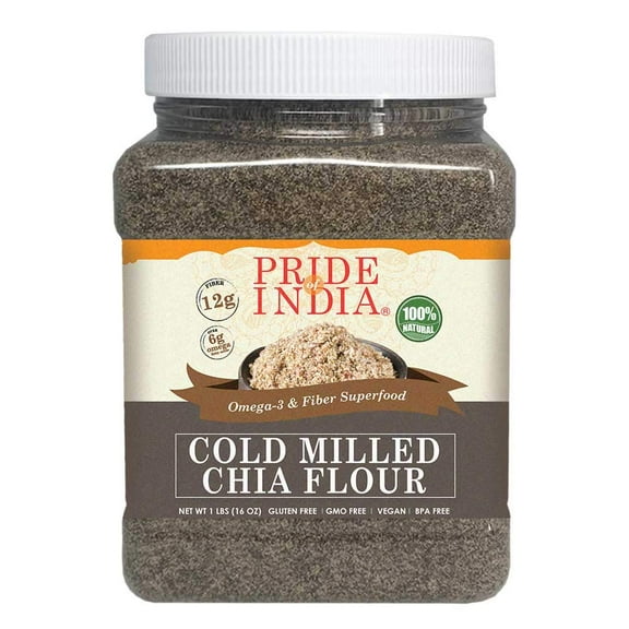 Pride Of India - Raw Black Chia Seed Meal Flour - Cold Milled - Omega-3 & Fiber Superfood, 1 Pound (16oz) Jar