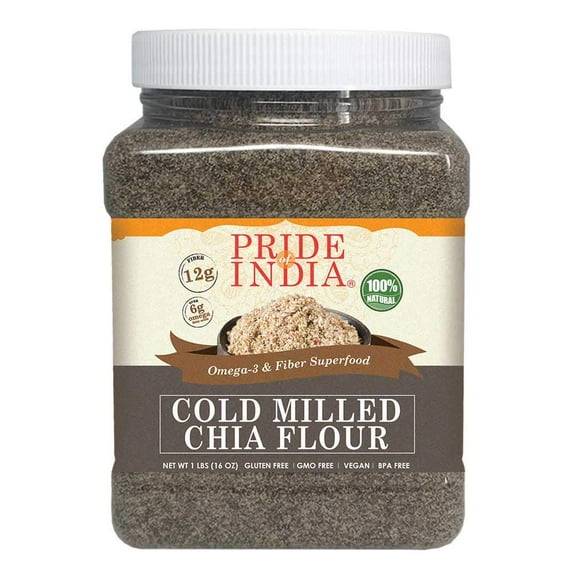 Pride Of India - Raw Black Chia Seed Meal Flour - Cold Milled - Omega-3 & Fiber Superfood, 1 Pound (16oz) Jar