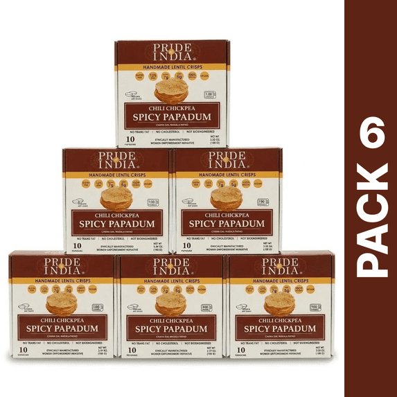 Pride of India - Pack of 6 - Chili Chickpea Spicy Papadum, Plant-Based Protein Crisps, 10 Count, 3.53 oz, Vegan, Gluten-Free