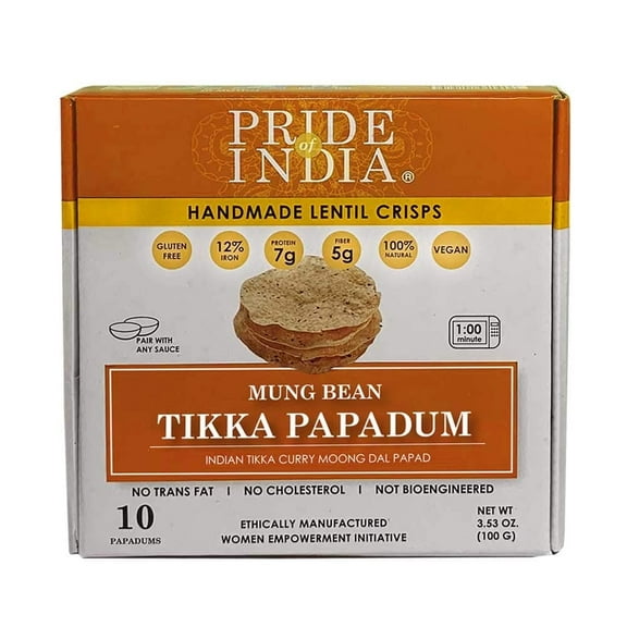 Pride Of India - Tikka Curry Mung Bean Papadum Lentil Crisp, Pack of 6-10 count (3.53oz - 100gm) - Instant Microwaveable Vegan Healthy Crackers | Tastes like Indian Curry Sauce | Mild Spice Level