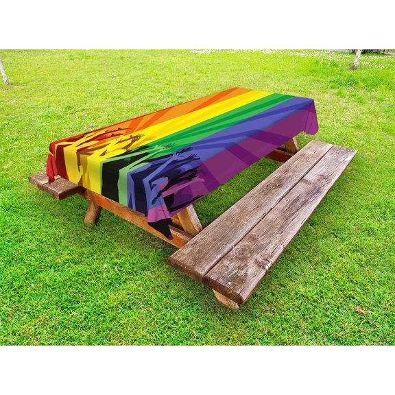 Pride Outdoor Tablecloth, People Celebrating International Day for LGBT Community with Colorful Striped Design, Decorative Washable Fabric Picnic Tablecloth, 58 X 120 Inches, Multicolor, by Ambesonne
