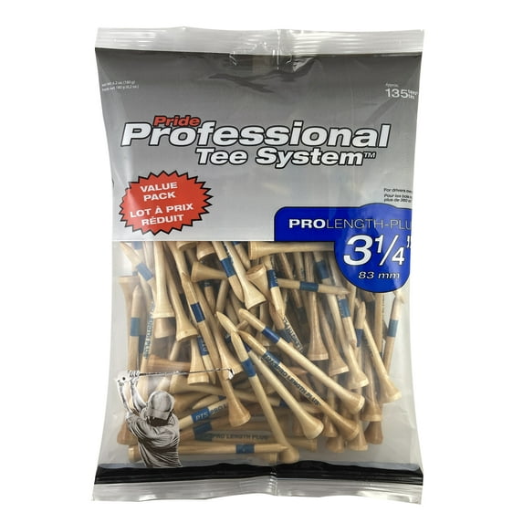 Pride ProLength Plus Professional Wood Golf Tees – 3-1/4 Inch Durable Hardwood Tees with Blue Color Coding – 135 Count