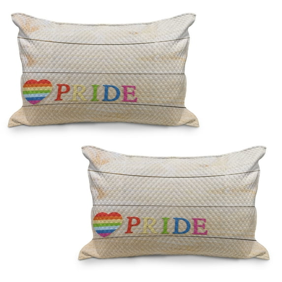Pride Quilted Pillowcover Set of 2, Colorful Striped Heart Sign Love Passion Gay Lesbian Pride Theme with Wood Background, Standard Queen Size Pillow Cover Bedroom, 30" x 20", Multicolor, by Ambesonne