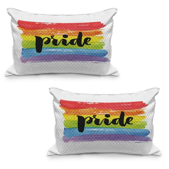 Pride Quilted Pillowcover Set of 2, Watercolor Art with Rainbow Brush Strokes of Gay Pride Hand Writing Print, Standard Queen Size Pillow Cover for Bedroom, 36" x 20", Multicolor, by Ambesonne
