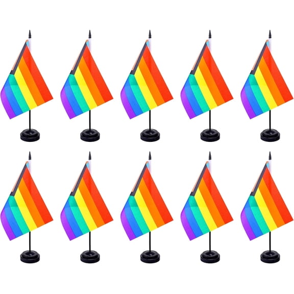 Pride Rainbow Flag Banner Progress Pride Rainbow Desk Flag Set Small Mini Gay LGBTQ Office Table Stick Flags with 12" Solid Pole Black Stand Base Decorations (12 Pack)
