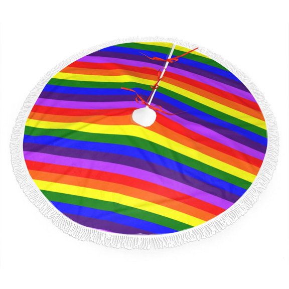 Pride Rainbow Flag Pattern Christmas Tree Skirt Tassel Lace for Xmas Ornaments Decoration 48"