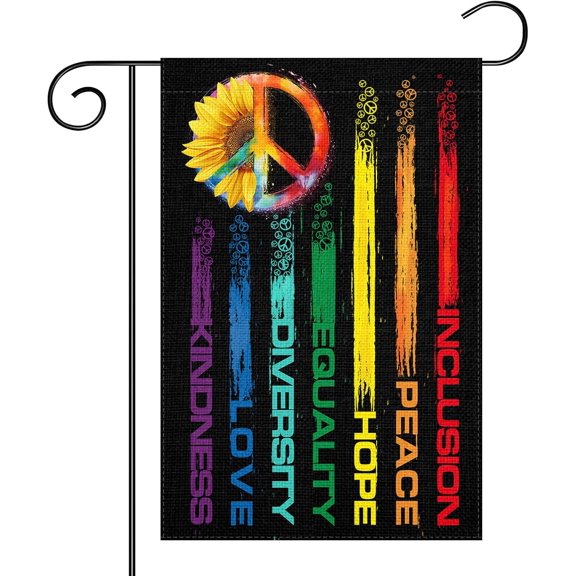 Pride Rainbow Garden Flag 12x18 Inch Black Double Sided Burlap Inclusion Peace Hope Equality Diversity Love Kindness Pride Garden Flag for Outside Yard Lawn House Decorative
