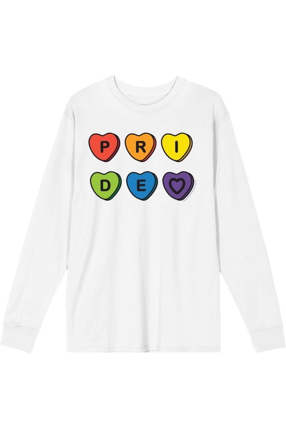 Pride Rainbow Hearts Adult White Crew Neck Long Sleeve Tee-Small