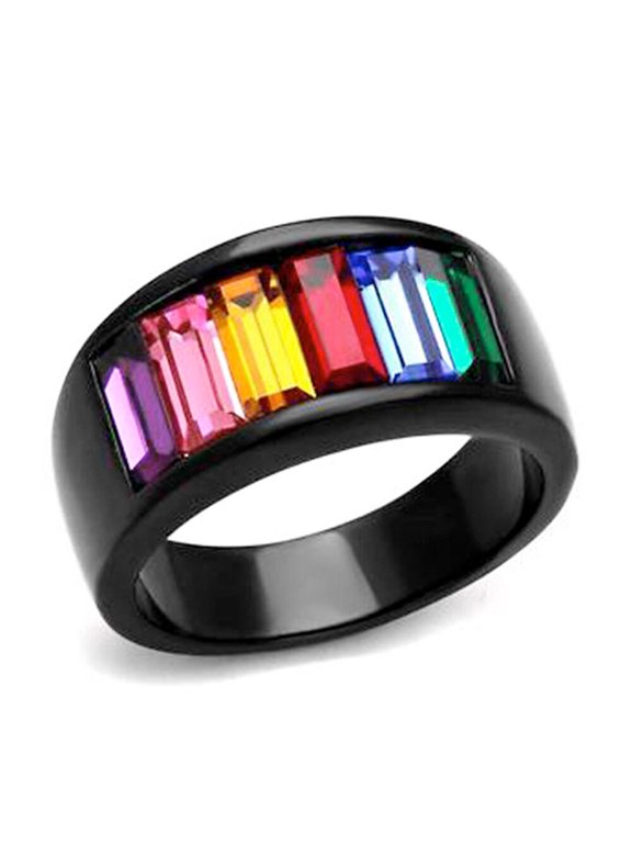 - Black Beauty Rainbow CZ Ring LGBT Lesbian Gay Pride Commitment Ring