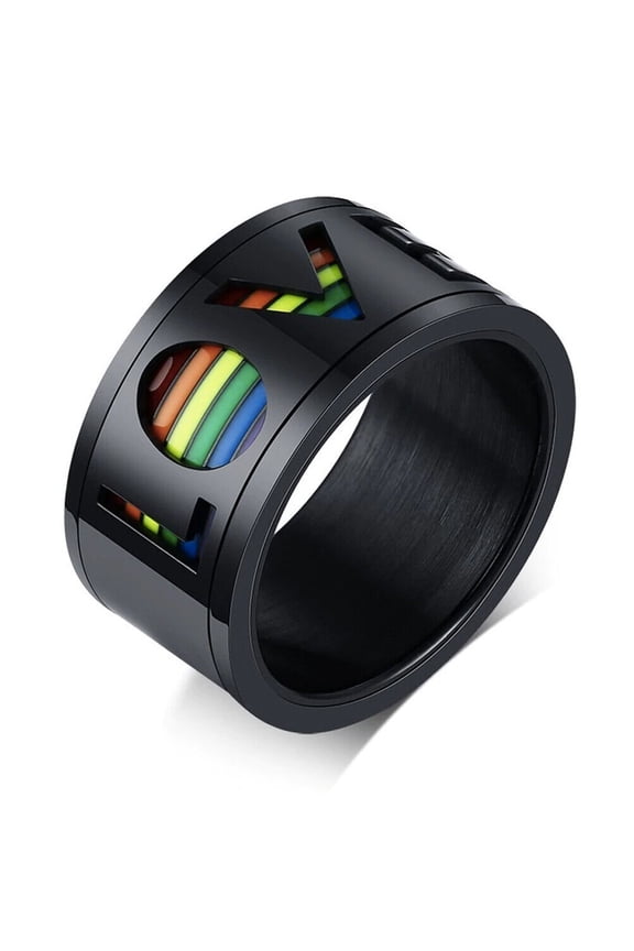 - Black Rainbow LOVE Spinner Ring LGBTQ Lesbian Gay Pride Ring Steel