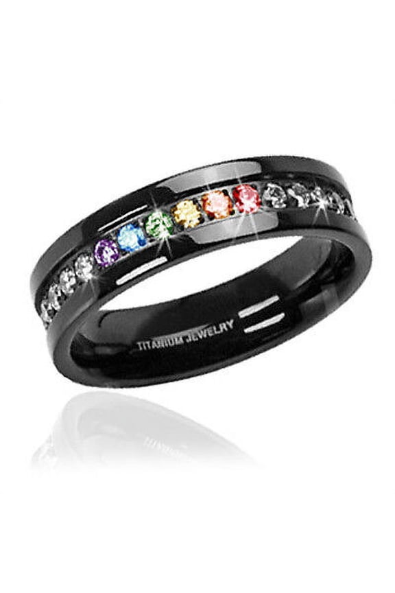 - Lesbian Gay Pride Wedding Ring Band -Black Rainbow String CZ Ring