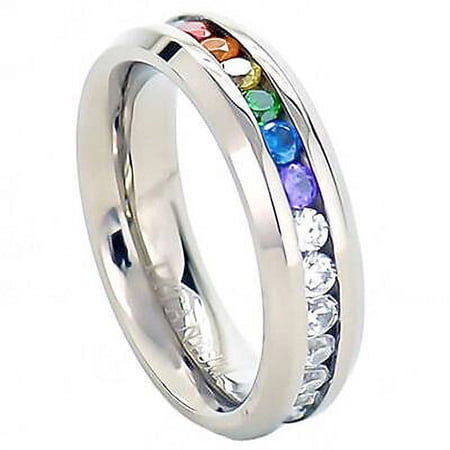 Pride Shack - Lesbian Gay Pride Wedding Ring Band Rainbow String Smooth Full CZ