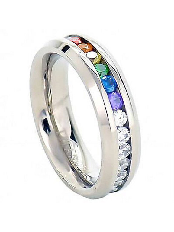- Lesbian Gay Pride Wedding Ring Band Rainbow String Smooth Full CZ