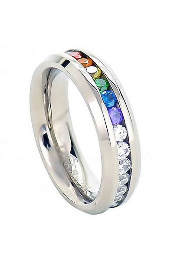 - Lesbian Gay Pride Wedding Ring Band Rainbow String Smooth Full CZ