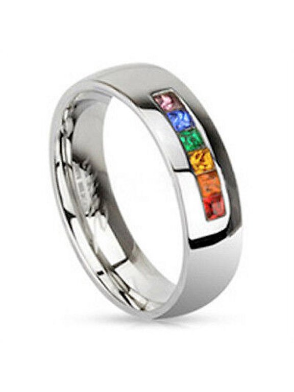 - Lesbian Gay Pride Wedding Ring Band - Rainbow String Smooth Round