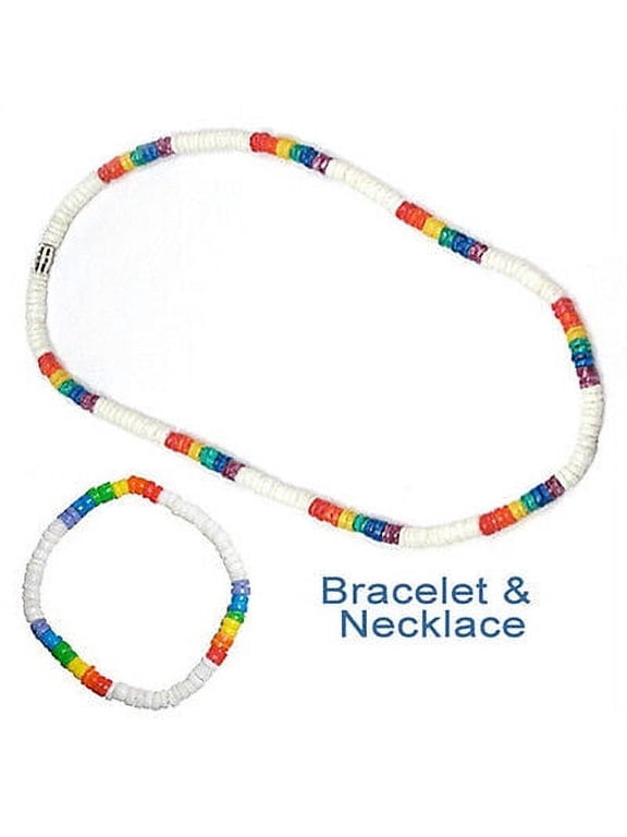 - Lesbian Gay Pride White Rainbow Puka Shell Bead Necklace Bracelet