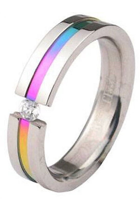 - Rainbow Anodized Tension CZ Ring LGBT Lesbian Gay Pride Ring Steel