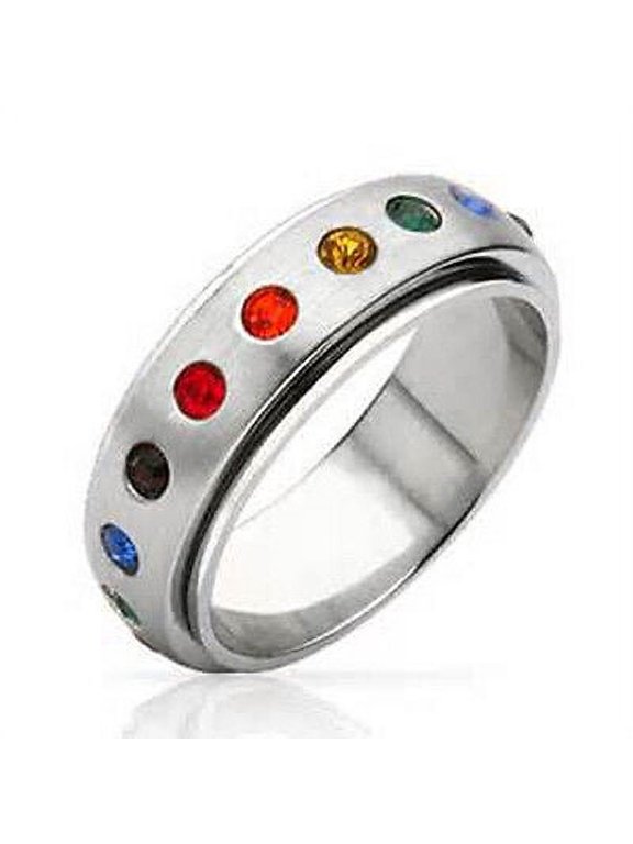 - Rainbow CZ Spinner Ring - LGBT Lesbian Gay Pride Ring Steel