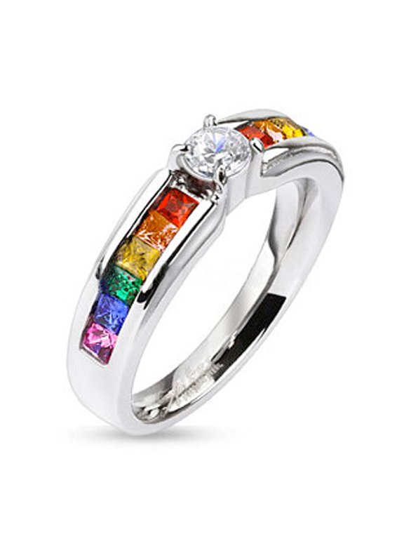 - Rainbow Ring w/ CZ Middle Stone -LGBT Lesbian Gay Pride Ring Sizes