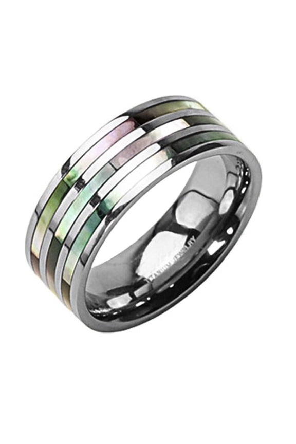 - Triple Multi Color Abalone Inlay Ring - Titanium Steel Ring Band