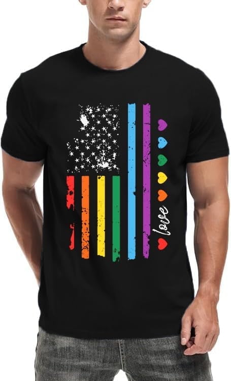 Pride Shirt Men American Flag LGBTQ Tshirts Gay Heart Rainbow Top