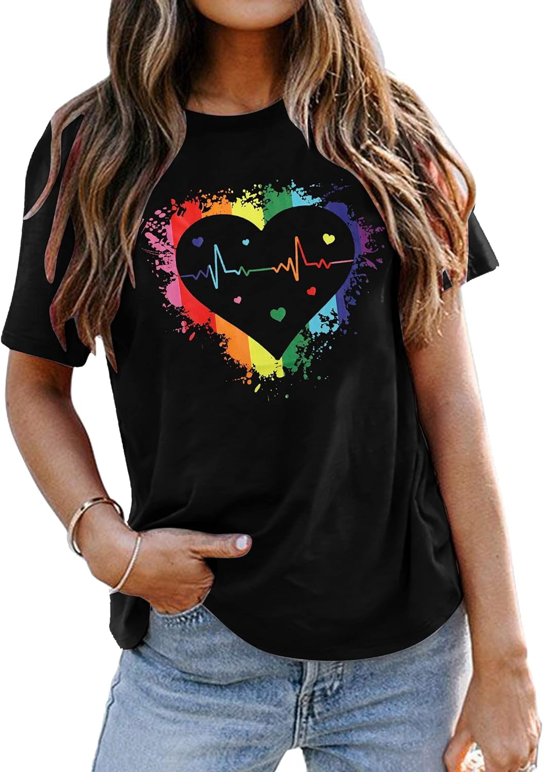 MAIHUN Women's Pride Flag T-Shirt - Rainbow Heart LGBT Gay Pride Short Sleeve Tee