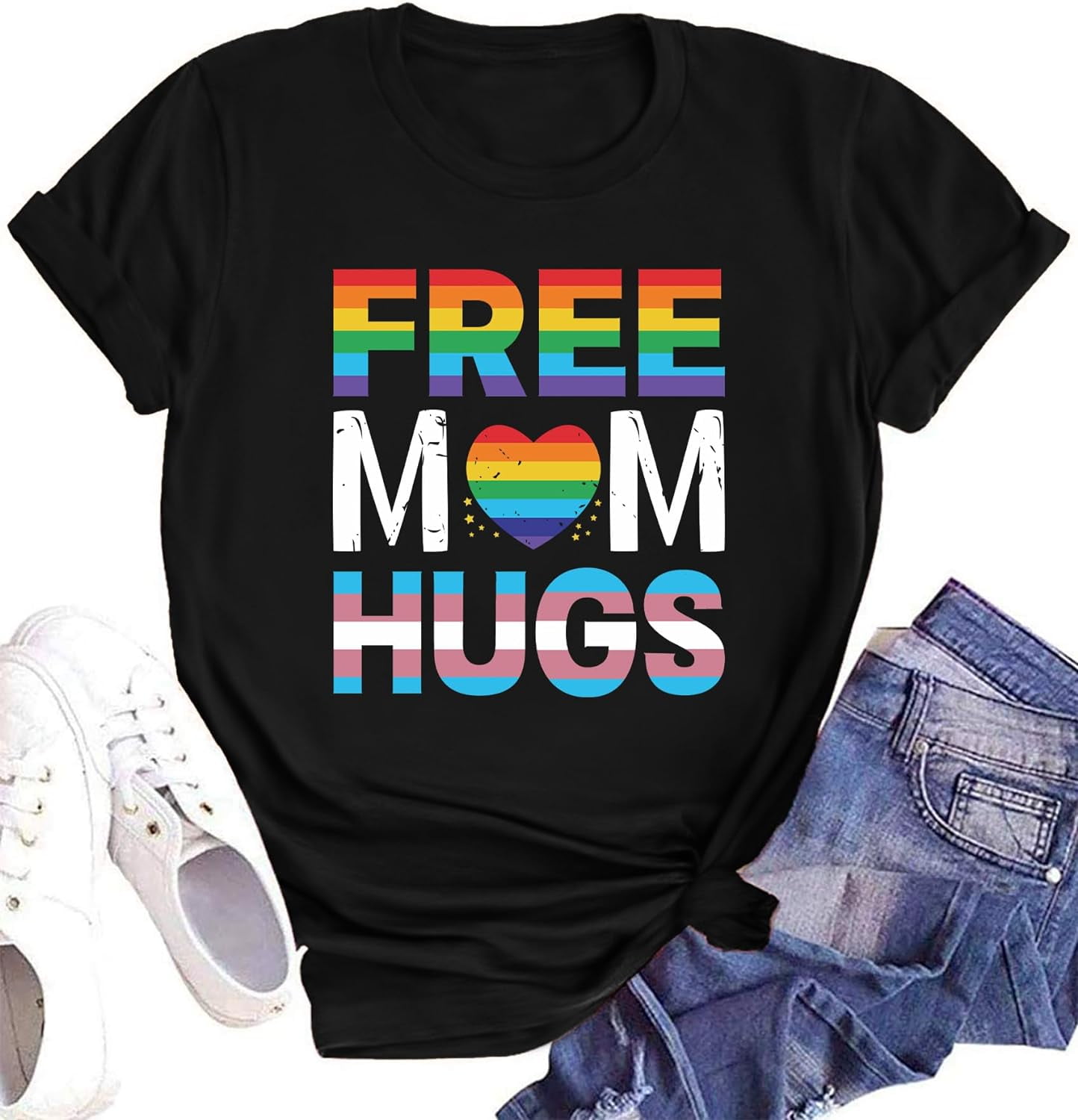 Pride Shirts Women Rainbows Graphic Tees Shirts Free Mom Hugs T-Shirt ...