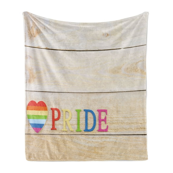 Pride Soft Flannel Fleece Blanket, Colorful Striped Heart Sign Love Passion Gay Lesbian Pride Theme with Wood Background, Cozy Plush for Indoor and Outdoor Use, 70" x 90", Multicolor, by Ambesonne