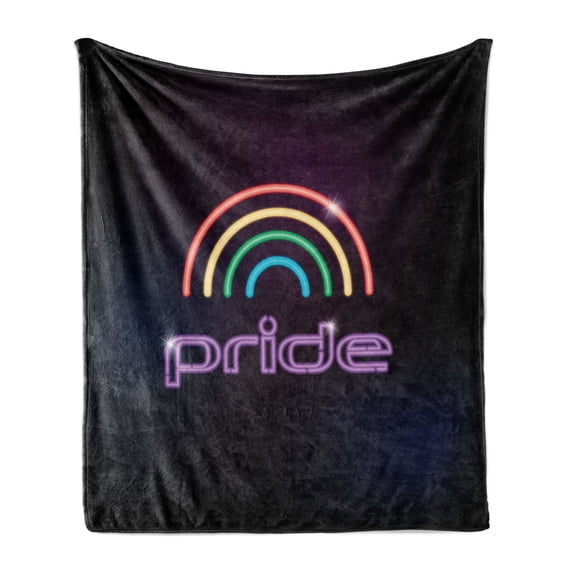 Pride Soft Flannel Fleece Blanket, Gay Neon Lamb Look Written Letters Pride Calligraphy with Rainbow Lines Contemporary, Cozy Plush for Indoor and Outdoor Use, 70" x 90", Multicolor, by Ambesonne