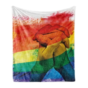 Pride Soft Flannel Fleece Blanket, Hands of Young Men Put Together on Abstract LGBT Parade Flag Love Wins Gay Partners, Cozy Plush for Indoor and Outdoor Use, 50" x 60", Multicolor, by Ambesonne