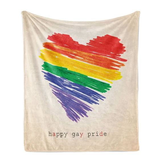 Pride Soft Flannel Fleece Blanket, Happy Gay Pride Typography with Rainbow Colors Hand Painted Heart Shape, Cozy Plush for Indoor and Outdoor Use, 60" x 80", Champagne and Multicolor, by Ambesonne