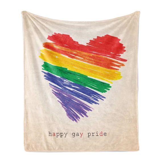 Pride Soft Flannel Fleece Blanket, Happy Gay Pride Typography with Rainbow Colors Hand Painted Heart Shape, Cozy Plush for Indoor and Outdoor Use, 70" x 90", Champagne and Multicolor, by Ambesonne