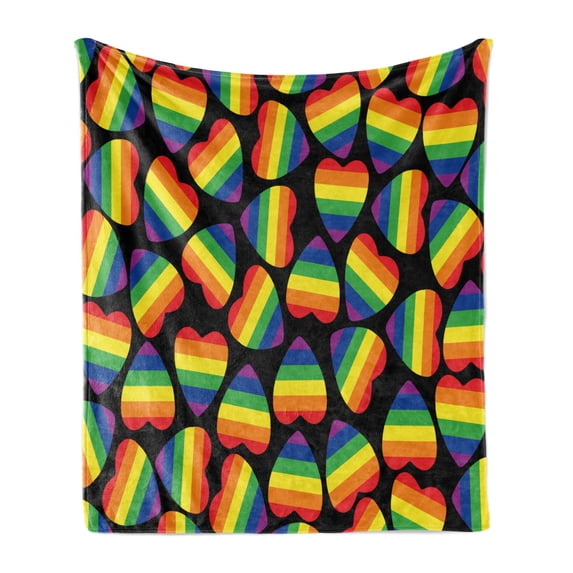 Pride Soft Flannel Fleece Blanket, Rainbow Colored Striped Heart Shapes on Black Backdrop Gay Lesbian Love Parade Print, Cozy Plush for Indoor and Outdoor Use, 50" x 60", Multicolor, by Ambesonne