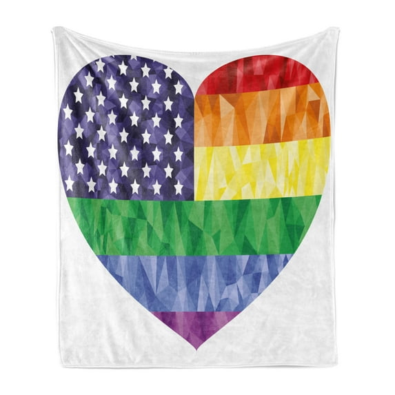Pride Soft Flannel Fleece Throw Blanket, Big Heart Shape and American USA Flag Rainbow with Low Poly Art Effects Gay Rights, Cozy Plush for Indoor and Outdoor Use, 60" x 80", Multicolor, by Ambesonne