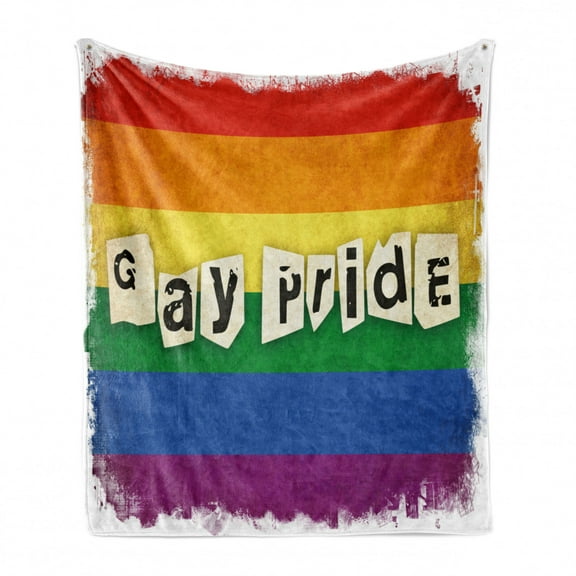 Pride Soft Flannel Fleece Throw Blanket, Dated Aged Iconic Rainbow Flag with Gay Pride Typography Retro LGBT Parade Theme, Cozy Plush for Indoor and Outdoor Use, 70" x 90", Multicolor, by Ambesonne