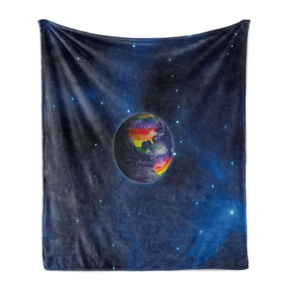 Pride Soft Flannel Fleece Throw Blanket, Earth from Space Continents in the LGBT Colors Universal Worldwide Love Freedom, Cozy Plush for Indoor and Outdoor Use, 60" x 80", Dark Blue, by Ambesonne