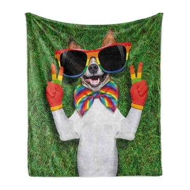 Pride Soft Flannel Fleece Throw Blanket, Funny Face Gay Dog Lying on Grass Peace Signs and Giant Sunglasses Humor Print, Cozy Plush for Indoor and Outdoor Use, 50" x 60", Multicolor, by Ambesonne