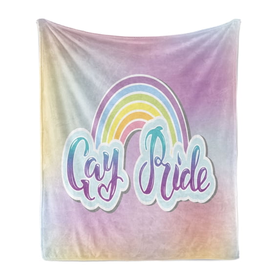 Pride Soft Flannel Fleece Throw Blanket, Gay Pride Text As Clouds with Rainbow Colorful Pastel Tones Blurred Background, Cozy Plush for Indoor and Outdoor Use, 70" x 90", Multicolor, by Ambesonne