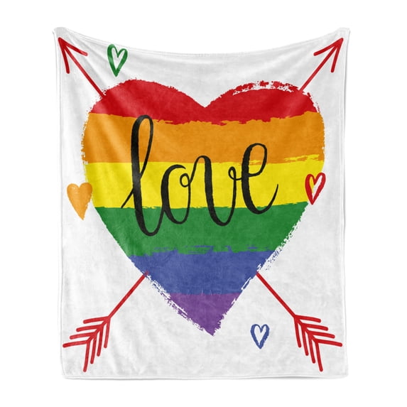 Pride Soft Flannel Fleece Throw Blanket, Hand Drawn Rainbow Heart Arrows and Doodles Love Word Homosexuality Special Day, Cozy Plush for Indoor and Outdoor Use, 50" x 70", Multicolor, by Ambesonne