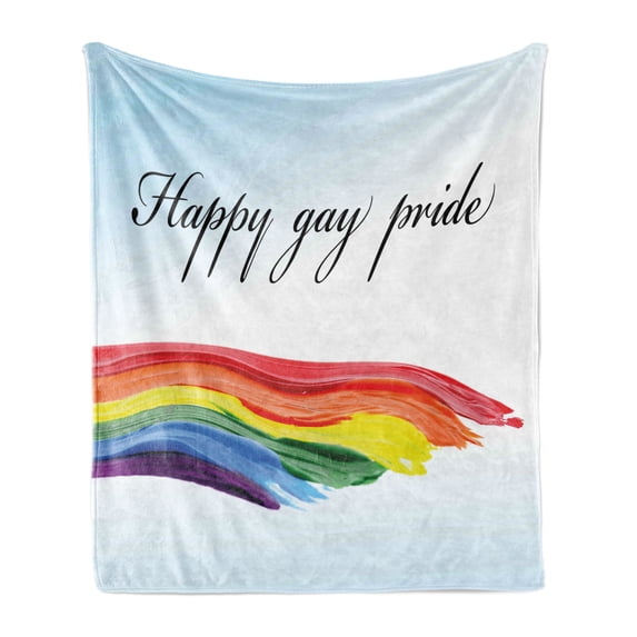 Pride Soft Flannel Fleece Throw Blanket, Happy Gay Pride with Hand Writing Celebration Theme LGBT Colored Paint Image Print, Cozy Plush for Indoor and Outdoor Use, 60" x 80", Multicolor, by Ambesonne